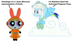 Size: 938x541 | Tagged: artist:guihercharly, astro blossom, astrodash, astronaut, blossom (powerpuff girls), clothes, cloud, costume, crossover, derpibooru import, rainbow dash, safe, spacesuit, the powerpuff girls