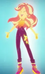 Size: 415x676 | Tagged: safe, derpibooru import, screencap, sunset shimmer, equestria girls, equestria girls series, let it rain, spoiler:eqg series (season 2), beautiful, boots, clothes, cropped, cute, eyes closed, flowing hair, geode of empathy, magical geodes, pants, shimmerbetes, shoes, sleeveless, smiling