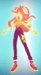 Size: 374x680 | Tagged: safe, derpibooru import, screencap, sunset shimmer, equestria girls, equestria girls series, let it rain, spoiler:eqg series (season 2), beautiful, boots, clothes, cropped, flowing hair, geode of empathy, magical geodes, pants, shoes, solo