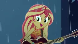 Size: 1920x1080 | Tagged: safe, derpibooru import, screencap, sunset shimmer, equestria girls, equestria girls series, let it rain, spoiler:eqg series (season 2), acoustic guitar, cute, female, geode of empathy, guitar, looking at you, magical geodes, musical instrument, shimmerbetes, singing, smiling, solo