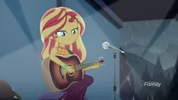 Size: 1920x1080 | Tagged: safe, deleted from derpibooru, derpibooru import, screencap, sunset shimmer, equestria girls, equestria girls series, let it rain, spoiler:eqg series (season 2), acoustic guitar, chair, cloud, discovery family logo, female, guitar, guitar strap, microphone, microphone stand, musical instrument, rain, sitting, smiling, solo, stage, stagelights, tree