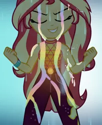 Size: 880x1080 | Tagged: safe, derpibooru import, screencap, sunset shimmer, equestria girls, equestria girls series, let it rain, spoiler:eqg series (season 2), cropped, geode of empathy, magical geodes, rain, rainbow, smiling, solo