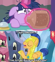 Size: 1280x1440 | Tagged: safe, derpibooru import, edit, edited screencap, screencap, flash sentry, twilight sparkle, twilight sparkle (alicorn), alicorn, pegasus, pony, a trivial pursuit, twilight's kingdom, armor, blowing, caption, deadpan snarker, female, floppy ears, hoof shoes, hyperventilating, magic, majestic as fuck, male, mare, messy mane, paper bag, puffy cheeks, royal guard, stallion, the future ruler of equestria, twilight snapple, twilighting, twilynanas, wings