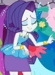 Size: 646x884 | Tagged: safe, derpibooru import, screencap, rarity, costume conundrum, equestria girls, equestria girls series, spoiler:choose your own ending (season 2), spoiler:eqg series (season 2), clothes, costume conundrum: rarity, cropped, eyes closed, female, geode of shielding, leaned forward, magical geodes, pencil skirt, rarity's bedroom, skirt, smiling, solo, this old thing