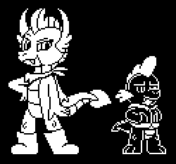 Size: 250x234 | Tagged: artist:tarkan809, black and white, clothes, cosplay, costume, derpibooru import, grayscale, jacket, monochrome, papyrus (undertale), pixel art, pose, safe, sans (undertale), scarf, shoes, smolder, spike, sprite, undertale