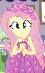 Size: 579x944 | Tagged: safe, derpibooru import, screencap, fluttershy, costume conundrum, equestria girls, equestria girls series, spoiler:choose your own ending (season 2), spoiler:eqg series (season 2), bare shoulders, clothes, confluttershy, confused, costume conundrum: rarity, cropped, cute, dress, jewelry, looking at you, princess dress, princess fluttershy, raised eyebrow, rarity's bedroom, seriously, shyabetes, sleeveless, tiara