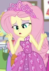 Size: 616x896 | Tagged: safe, derpibooru import, screencap, fluttershy, costume conundrum, equestria girls, equestria girls series, spoiler:choose your own ending (season 2), spoiler:eqg series (season 2), bare shoulders, clothes, costume conundrum: rarity, cropped, cute, dress, jewelry, looking down, princess dress, princess fluttershy, rarity's bedroom, seriously, sleeveless, solo, tiara