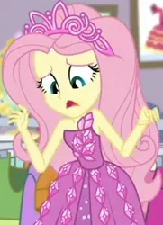 Size: 652x900 | Tagged: safe, derpibooru import, screencap, fluttershy, costume conundrum, equestria girls, equestria girls series, spoiler:choose your own ending (season 2), spoiler:eqg series (season 2), bare shoulders, clothes, costume conundrum: rarity, cropped, dress, jewelry, looking down, princess dress, princess fluttershy, rarity's bedroom, seriously, sleeveless, tiara