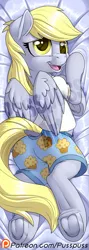 Size: 427x1200 | Tagged: safe, artist:pusspuss, derpibooru import, derpy hooves, pegasus, pony, body pillow, boxers, clothes, dock, female, frog (hoof), human shoulders, mare, obtrusive watermark, patreon, patreon logo, smiling, solo, underhoof, underwear, watermark