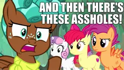 Size: 1920x1080 | Tagged: and then there's this asshole, apple bloom, caption, cutie mark, cutie mark crusaders, derpibooru import, edit, edited screencap, growing up is hard to do, image macro, older, older apple bloom, older cmc, older scootaloo, older sweetie belle, safe, scootaloo, screencap, spur, sweetie belle, text, the cmc's cutie marks, vulgar