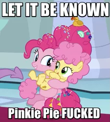 Size: 561x622 | Tagged: caption, cropped, derpibooru import, edit, edited screencap, female, filly, image macro, implied cheesepie, implied sex, implied shipping, implied straight, li'l cheese, mama pinkie, mother and child, mother and daughter, pinkie pie, screencap, suggestive, text, the last problem, vulgar