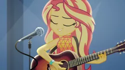 Size: 1910x1074 | Tagged: safe, derpibooru import, screencap, sunset shimmer, equestria girls, equestria girls series, let it rain, spoiler:eqg series (season 2), acoustic guitar, beautiful, eyes closed, female, guitar, microphone, microphone stand, musical instrument, singing, smiling