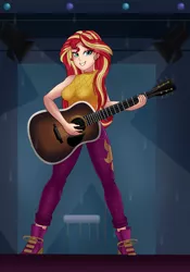 Size: 1786x2551 | Tagged: safe, artist:anonix123, derpibooru import, sunset shimmer, human, equestria girls, equestria girls series, let it rain, spoiler:eqg series (season 2), acoustic guitar, clothes, female, grin, guitar, human coloration, humanized, music video, musical instrument, pants, scene interpretation, smiling, solo