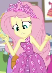 Size: 646x904 | Tagged: safe, derpibooru import, screencap, fluttershy, costume conundrum, equestria girls, equestria girls series, spoiler:choose your own ending (season 2), spoiler:eqg series (season 2), bare shoulders, clothes, costume conundrum: rarity, cropped, cute, dress, jewelry, leaned forward, looking down, princess fluttershy, raised arms, rarity's bedroom, seriously, sleeveless, strapless, tiara