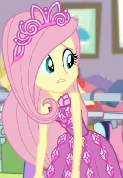 Size: 615x893 | Tagged: safe, derpibooru import, screencap, fluttershy, costume conundrum, equestria girls, equestria girls series, spoiler:choose your own ending (season 2), spoiler:eqg series (season 2), bare shoulders, clothes, costume conundrum: rarity, cropped, cute, dress, jewelry, leaned forward, princess fluttershy, rarity's bedroom, seriously, sleeveless, strapless, tiara