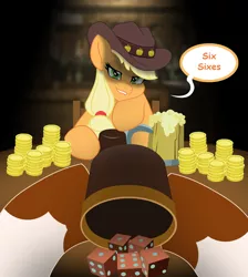 Size: 2046x2281 | Tagged: safe, artist:chaosetmundi, derpibooru import, applejack, pony, bits, cider, dice, hat, liar's dice, solo