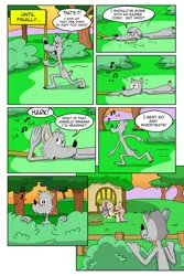 Size: 730x1095 | Tagged: safe, artist:cartoon-eric, derpibooru import, fluttershy, oc, oc:fred wolfbane, pony, comic:pink. it's what's for dinner, bush, comic, fence, flower, fluttershy's cottage, singing, watering can