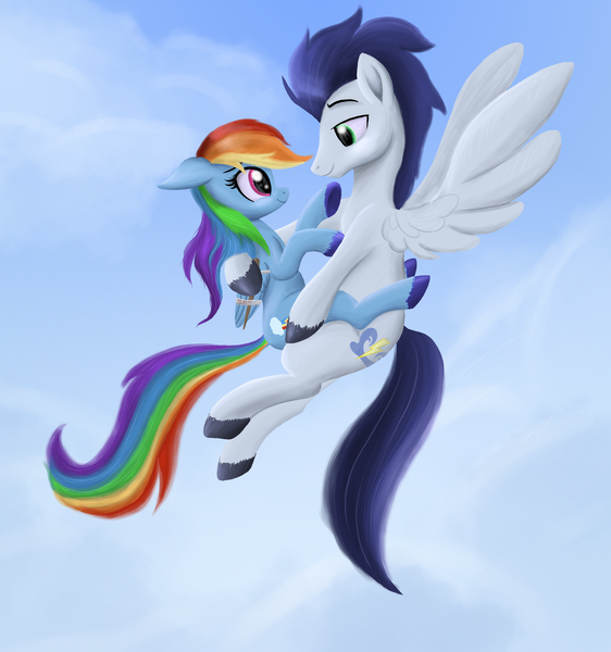 Size: 3093x3300 | Tagged: safe, artist:greenbrothersart, derpibooru import, rainbow dash, soarin', pony, broken wing, female, flying, hug, injured, male, shipping, soarindash, straight, wings