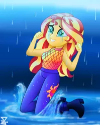 Size: 1700x2134 | Tagged: safe, artist:theretroart88, derpibooru import, sunset shimmer, equestria girls, equestria girls series, let it rain, spoiler:eqg series (season 2), boots, clothes, female, pants, rain, shoes, sleeveless, teary eyes