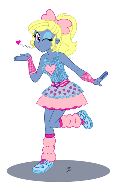 Size: 3853x6102 | Tagged: safe, artist:metaldudepl666, derpibooru import, oc, oc:azure/sapphire, equestria girls, 80's style, bow, clothes, crossdressing, digital art, fake breasts, femboy, floating heart, hair bow, heart, leg warmers, looking at you, male, one eye closed, ribbon, shoes, signature, sneakers, wig, wink