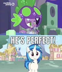 Size: 642x739 | Tagged: safe, derpibooru import, edit, edited screencap, editor:undeadponysoldier, screencap, spike, vinyl scratch, dragon, pony, unicorn, she's all yak, caption, crush, cute, discovery family logo, dj scales and tail, female, happy, image macro, male, mare, meme, microphone, perfect, ponyville, shipping, smiling, straight, text, vinylbetes, vinylspike
