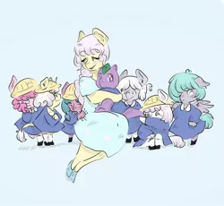 Size: 1900x1749 | Tagged: artist:jinbesan, baby dots 'n hearts, baby nightsong, baby noddins, baby rainfeather, baby snippy, bipedal, clothes, derpibooru import, g1, hug, posey, safe, school uniform, spike