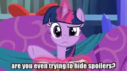 Size: 1662x934 | Tagged: safe, derpibooru import, edit, edited screencap, screencap, twilight sparkle, twilight sparkle (alicorn), alicorn, pony, a hearth's warming tail, book, caption, confused, female, glowing horn, horn, image macro, levitation, looking at you, magic, mare, raised eyebrow, reaction image, solo, telekinesis, text