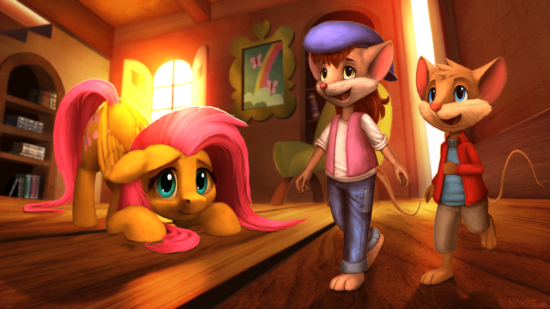 Size: 1920x1080 | Tagged: safe, artist:robsa990, derpibooru import, fluttershy, mouse, pegasus, pony, bridgid (character), clothes, crossover, cute, eckhart, eckhart (character), female, floppy ears, fluttershy's cottage (interior), folded wings, indoors, looking at something, looking down, mare, shyabetes, trio, wings