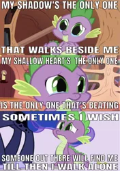 Size: 640x909 | Tagged: safe, derpibooru import, edit, edited screencap, editor:undeadponysoldier, screencap, princess luna, spike, alicorn, dragon, pony, owl's well that ends well, spike at your service, boulevard of broken dreams, caption, crying, female, golden oaks library, green day, image macro, male, mare, sad, song reference, text