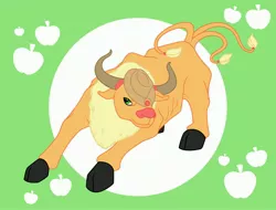 Size: 4242x3226 | Tagged: abstract background, applejack, artist:alexkingofthedamned, cloven hooves, derpibooru import, green background, my little pokémon, pokefied, pokémon, safe, simple background, solo, species swap, tauros