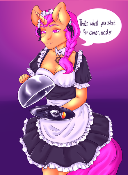Size: 1191x1624 | Tagged: source needed, useless source url, suggestive, artist:fruitofficer, derpibooru import, oc, oc:copper sparks, anthro, unicorn, abstract background, breasts, buttplug, cat o' ninetails, cleavage, clothes, collar, commission, headress, maid, master, serving tray, sex toy, speech, talking, tray, whip, ych result