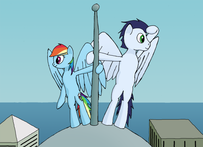 Size: 1486x1080 | Tagged: safe, artist:soks777, derpibooru import, rainbow dash, soarin', pony, bipedal, female, lookout, male, manehattan, mast, rooftop, shipping, soarindash, straight, waterfront