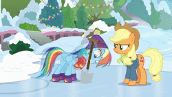 Size: 1920x1080 | Tagged: safe, derpibooru import, edit, screencap, applejack, rainbow dash, pony, best gift ever, hearth's warming shorts, triple pony dare ya, animated, chipped tooth, comparison, golf, golf clubs, homer simpson, ice, pain, shovel, snow, sound, sports, the simpsons, webm, winter clothes