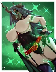 Size: 2625x3375 | Tagged: anthro, artist:avante92, breasts, clothes, cosplay, costume, derpibooru import, female, femdom, leash, looking at you, midnight (my hero academia), my hero academia, nemuri kayama, offscreen character, pov, queen chrysalis, solo, solo female, submissive pov, suggestive, viewer on leash