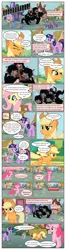 Size: 612x2320 | Tagged: safe, artist:newbiespud, derpibooru import, edit, edited screencap, screencap, applejack, berry punch, berryshine, bon bon, carrot top, cerberus (character), cherry berry, comet tail, daisy, flower wishes, fluttershy, golden harvest, linky, mochaccino, neon lights, pinkie pie, ponet, rare find, rising star, shoeshine, spike, star bright, sweetie drops, twilight sparkle, cerberus, dog, dragon, earth pony, pegasus, pony, unicorn, comic:friendship is dragons, it's about time, background pony, background pony audience, bag, building, cart, collar, comic, crowd, dialogue, dog collar, female, freckles, joke shop, male, mare, motion lines, multiple heads, onomatopoeia, ponyville, raised hoof, roar, saddle bag, screencap comic, spiked collar, three heads, unicorn twilight
