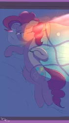 Size: 2160x3840 | Tagged: safe, artist:wilshirewolf, derpibooru import, boulder (pet), pinkie pie, earth pony, pony, bed, female, grin, laying on bed, mare, on bed, pillow, sleepy, smiling, solo, sunlight, window