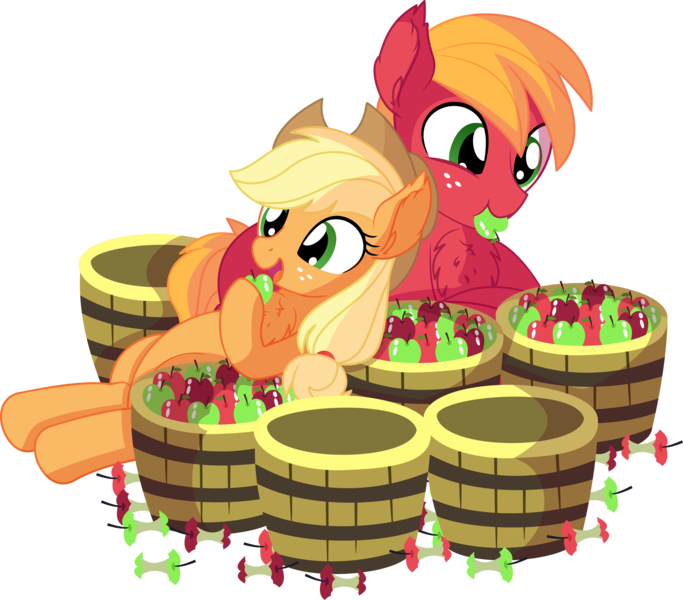 Size: 7884x6929 | Tagged: safe, artist:cyanlightning, derpibooru import, applejack, big macintosh, earth pony, pony, .svg available, absurd resolution, apple, applejack's hat, brother and sister, bucket, cowboy hat, cute, duo, ear fluff, eating, female, food, hat, jackabetes, macabetes, male, mare, missing accessory, open mouth, siblings, simple background, smiling, stallion, transparent background, vector