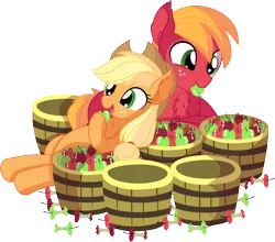 Size: 7884x6929 | Tagged: safe, artist:cyanlightning, derpibooru import, applejack, big macintosh, earth pony, pony, .svg available, absurd resolution, apple, applejack's hat, brother and sister, bucket, cowboy hat, cute, duo, ear fluff, eating, female, food, hat, jackabetes, macabetes, male, mare, missing accessory, open mouth, siblings, simple background, smiling, stallion, transparent background, vector