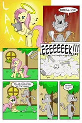 Size: 730x1095 | Tagged: safe, artist:cartoon-eric, derpibooru import, fluttershy, harry, oc, oc:fred wolfbane, pony, comic:pink. it's what's for dinner, cloth gag, comic, doe eyes, fluttershy's cottage, gag, halo, rope, sad eyes, scared, singing, slasher smile, watering can