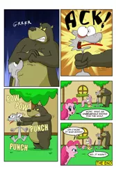 Size: 730x1095 | Tagged: safe, artist:cartoon-eric, derpibooru import, fluttershy, harry, pinkie pie, oc, oc:fred wolfbane, pony, comic:pink. it's what's for dinner, bad pun, chokehold, comic, cracking knuckles, pun, punch, unamused