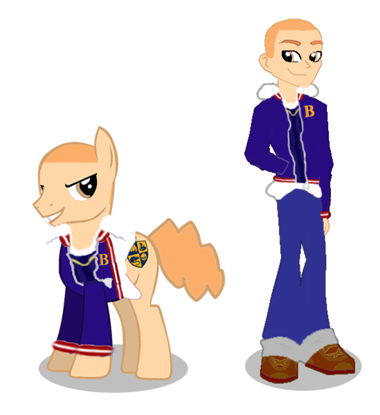 Size: 580x634 | Tagged: safe, artist:kayman13, derpibooru import, ponified, pony, equestria girls, base used, boots, bully, bully (video game), buzz cut, clothes, crest, cutie mark, duo, equestria girls-ified, jacket, jeans, jimmy hopkins, looking at each other, male, pants, school uniform, self ponidox, shoes, simple background, smiling, tail, transparent background, vest, zipper