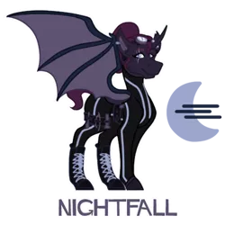 Size: 600x600 | Tagged: safe, artist:flashbrush, deleted from derpibooru, derpibooru import, oc, oc:nightfall (ice1517), unofficial characters only, alicorn, bat pony, bat pony alicorn, pony, alicorn oc, bat pony oc, bat wings, belt, bodysuit, boots, clothes, ear piercing, earring, eye scar, female, goggles, horn, jewelry, mare, piercing, scar, shoes, simple background, solo, transparent background, unshorn fetlocks, utility belt, wings