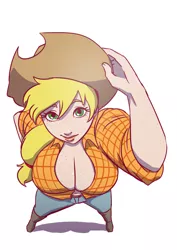 Size: 827x1169 | Tagged: applejack, applejack's hat, artist:mrincon, big breasts, boob freckles, boots, breasts, busty applejack, chest freckles, cleavage, clothes, cowboy hat, derpibooru import, female, freckles, front knot midriff, hat, high angle, huge breasts, human, humanized, jeans, looking at you, looking up, midriff, pants, shirt, shoes, solo, solo female, suggestive