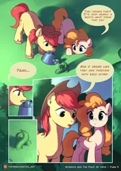 Size: 1448x2048 | Tagged: safe, artist:luciferamon, derpibooru import, bright mac, pear butter, earth pony, pony, comic:sprouts & the fruit of love, apple, apple tree, comic, cowboy hat, dialogue, female, hat, male, mare, pear tree, plant, sprout, stallion, stetson, text, tree, watering can