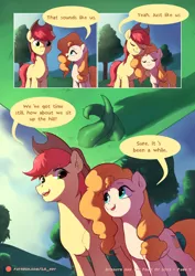 Size: 1448x2048 | Tagged: safe, artist:luciferamon, derpibooru import, bright mac, pear butter, earth pony, pony, comic:sprouts & the fruit of love, apple, apple tree, brightbutter, comic, cowboy hat, dialogue, ear fluff, female, hat, male, mare, pear tree, plant, shipping, sprout, stallion, stetson, straight, text, tree