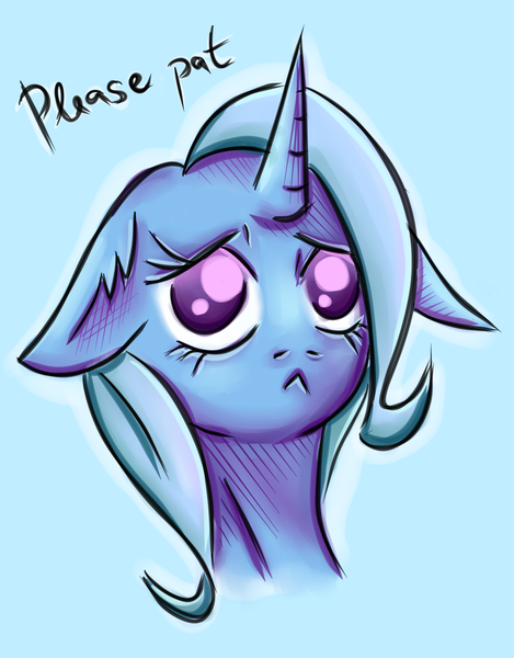 Size: 2347x3000 | Tagged: safe, artist:coco-drillo, derpibooru import, trixie, pony, unicorn, :<, big eyes, blue fur, blue mane, ear fluff, floppy ears, jeb bush, pat, please, please clap, puppy dog eyes, purple eyes, sad, solo