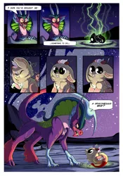 Size: 2100x3000 | Tagged: safe, artist:loryska, derpibooru import, idw, cosmos (character), oc, oc:larkspur, draconequus, hybrid, comic:moon landing, spoiler:comic, spoiler:comic75, baby draconequus, interspecies offspring, moon, offspring, parent:discord, parent:fluttershy, parents:discoshy, this will end in tears, tongue out