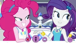 Size: 1280x720 | Tagged: safe, derpibooru import, screencap, pinkie pie, rarity, do it for the ponygram!, equestria girls, equestria girls series, spoiler:eqg series (season 2), cute, evil grin, geode of shielding, geode of sugar bombs, grin, magical geodes, raribetes, rarity's bedroom, smiling