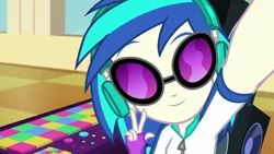 Size: 1920x1080 | Tagged: safe, derpibooru import, screencap, vinyl scratch, do it for the ponygram!, equestria girls, equestria girls series, spoiler:eqg series (season 2), dj booth, female, peace sign, selfie, smiling, solo, sunglasses