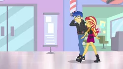 Size: 1280x720 | Tagged: safe, derpibooru import, screencap, flash sentry, sunset shimmer, do it for the ponygram!, equestria girls, equestria girls series, spoiler:eqg series (season 2), barbershop pole, boots, canterlot mall, clothes, converse, cute, diasentres, legs, mall, shimmerbetes, shipping fuel, shoes, sneakers, walking